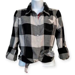 Black White Long Sleeve Button-down Plaid Cotton Flannel Shirt Medium Grunge